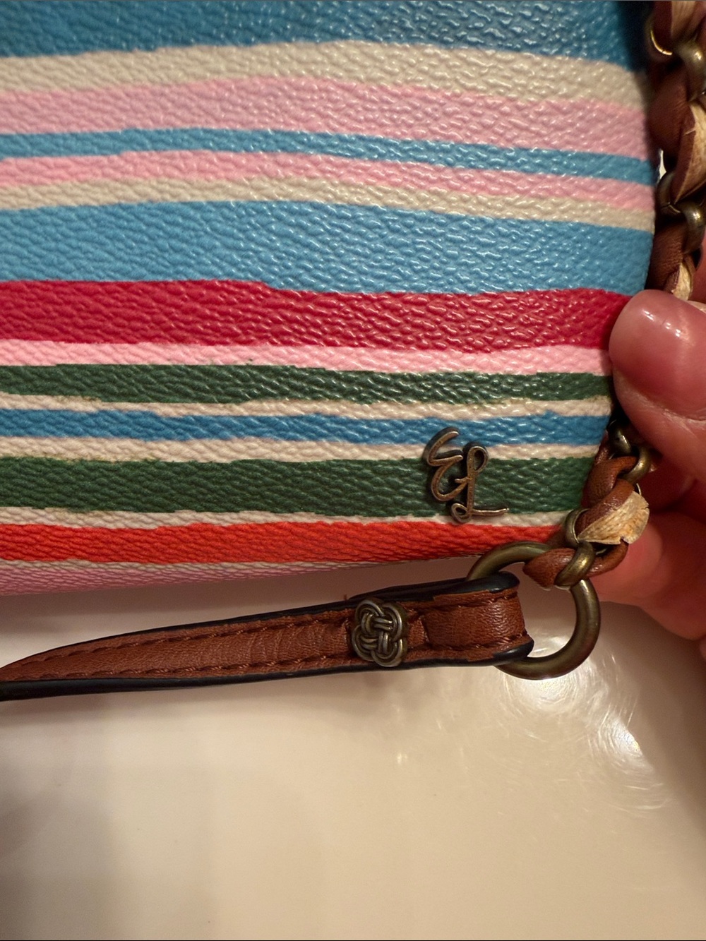 Elliott Lucca Striped Multicolor Leather Chain Crossbody - Pink Blue Red Teal - Picture 2 of 8
